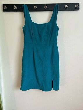 Japna Teal Ribbed Square-Neck Mini Dress